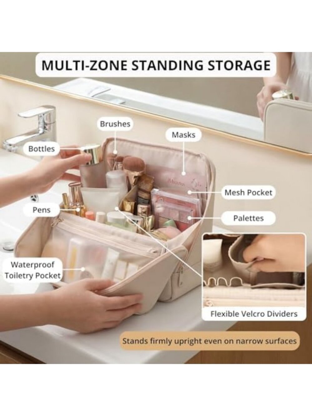 X-Large Waterproof Makeup Bag with Magnetic Flap, Multi-Zone Organizer, Dusty - Picture 4 of 6